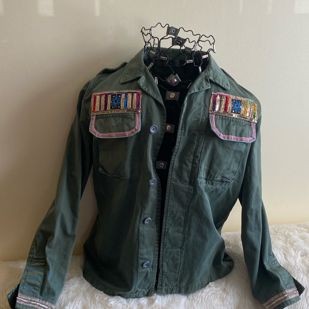 Bebe Boho Embellished Military Jacket - Army Green Size Large - Picture 2 of 15